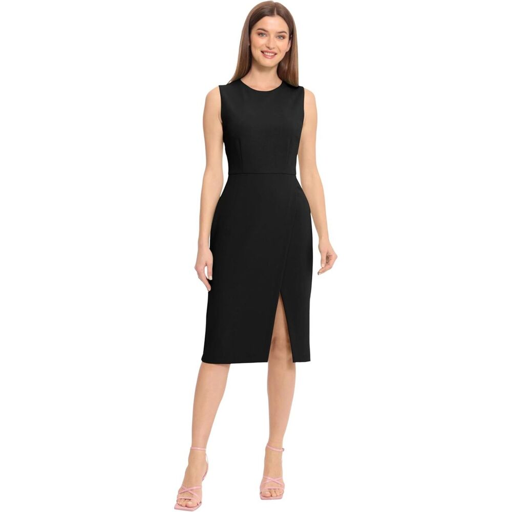 Maggy London Black Sleeveless Midi Sheath Dress Tulip Wrap Slit Work Office Sz 4